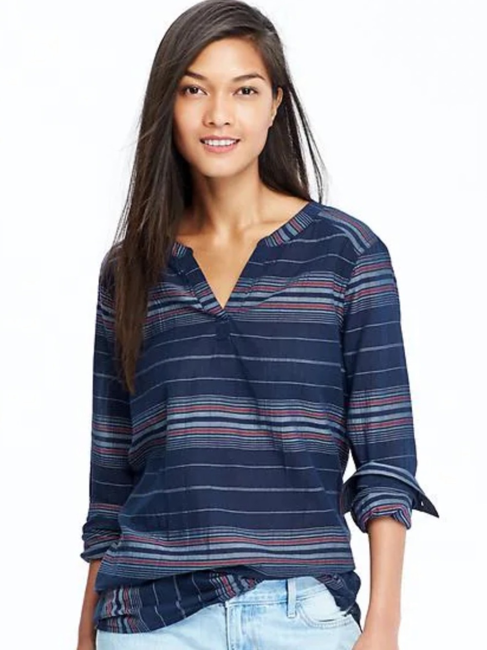 NWT Old Navy XXL Navy Blue with Stripes Split-Neck Long Sleeve Tunic